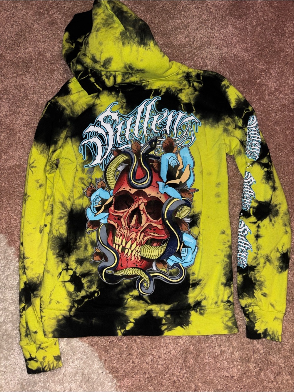 Tie-Dye Yellow & Black Graphic Skull Hoodie Sullen Boys Youth/Teen